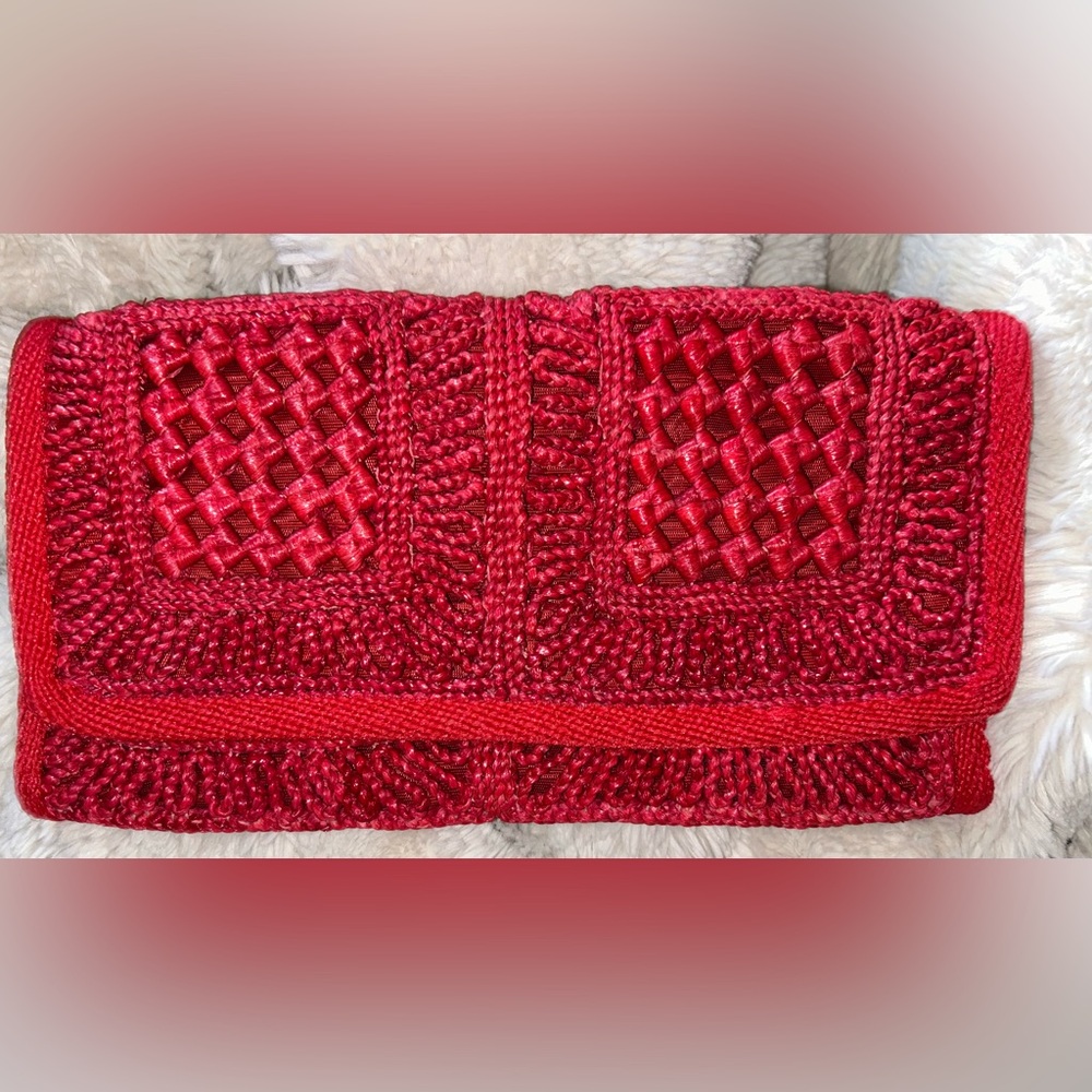 Vibrant Red Woven Clutch with Basket-Weave Design